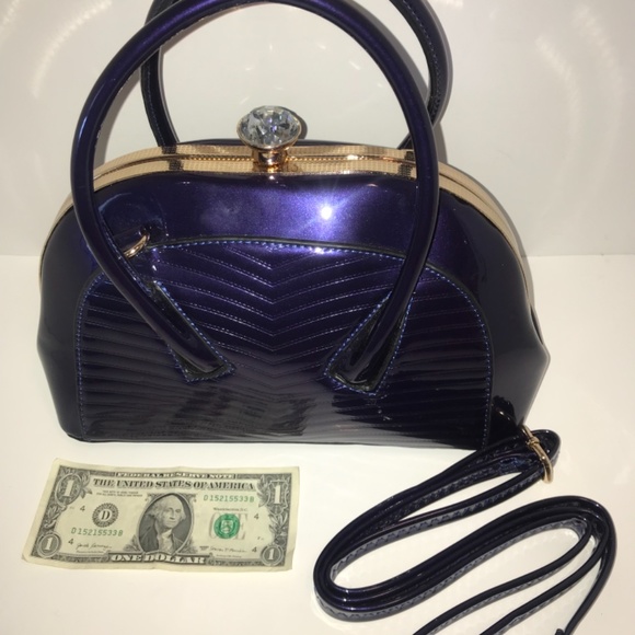 Shiny Dark Purple Handbag with Shoulder Strap - Picture 6 of 7